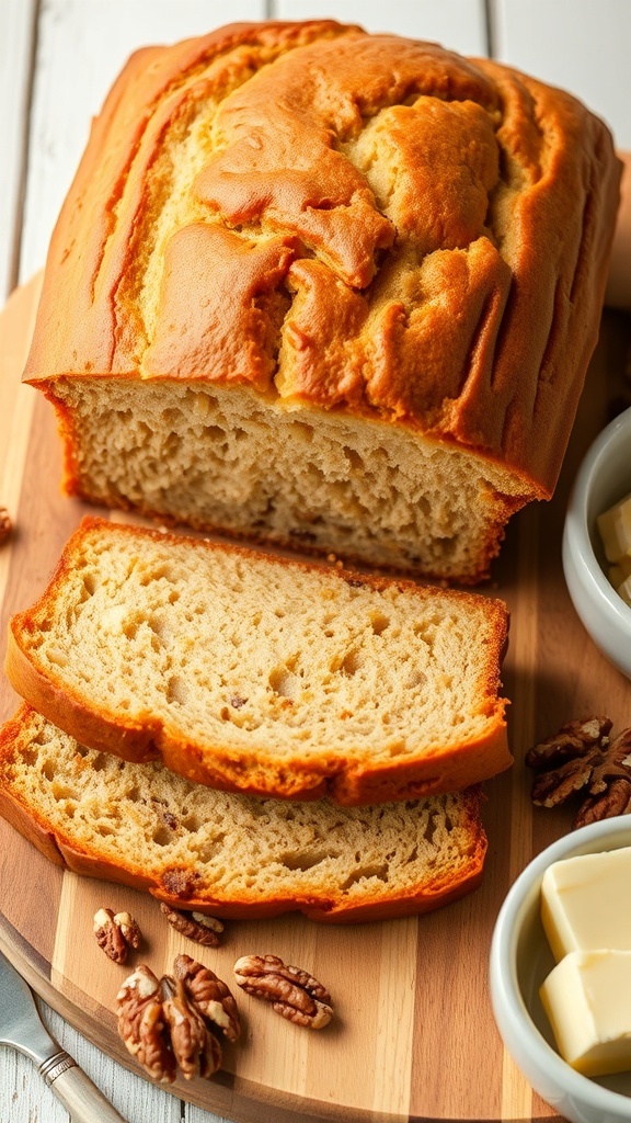 Buttermilk Banana Bread Recipe A loaf of buttermilk banana bread sliced on a wooden board with walnuts and butter.